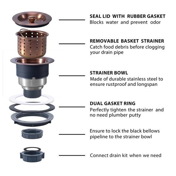 KONE 8,9 cm Spülbeckenablauf Montage Antik Kupfer Küchenspüle Abfluss Kit Kupfer Edelstahl Spüle Korb Sieb Gummistopfen, Dichtungsdeckel/Abnehmbarer Tiefer Abfallkorb für Zuhause, Küche