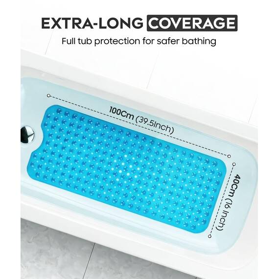 ADOV Badewannenmatte, Badematte rutschfest mit 200 Sicherheit Saugnäpfen und Ablauflöchern, 100 x 40 cm Lange Maschinenwaschbar Badezimmer Duschmatte Schimmelresistent für Kinder Erwachsene - Blau