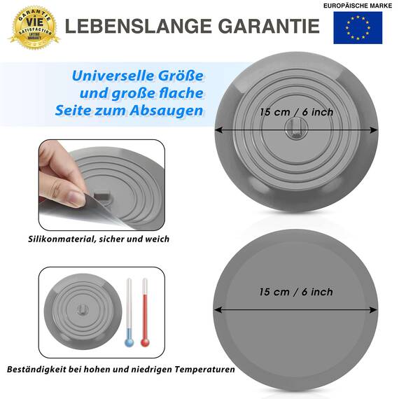 CZ Store Silikon-Abflussstopfen | 15 cm Flexibel & wasserdicht - Universal-Abdeckung für Edelstahl-Küchenspüle, Keramik-Badewanne, Toilette, Waschbecken, Dusche - Grau