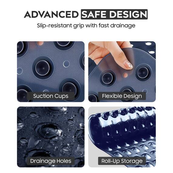 ADOV Badewannenmatte rutschfest, 100x40 cm Extra Lange Antirutschmatte für Badewanne und Dusche, 200 Starke Saugnäpfe, Schimmelresistent, Maschinenwaschbar, PVC-Material, Marineblau