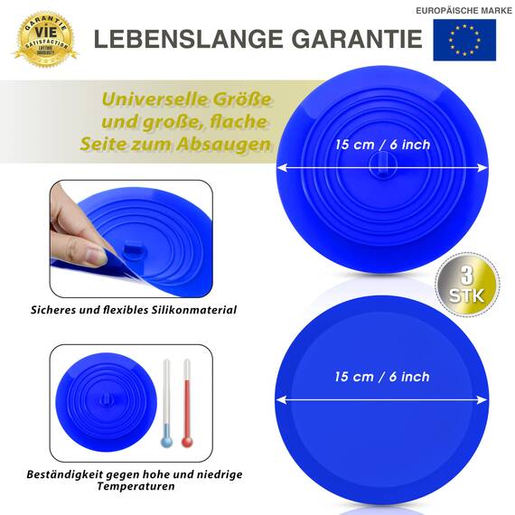 CZ Store Silikon-Abflussstopfen | 15 cm Flexibel & wasserdicht - Universal-Abdeckung für Edelstahl-Küchenspüle, Keramik-Badewanne, Toilette, Waschbecken, Dusche - Grau (Weiß/Grau/Blau)