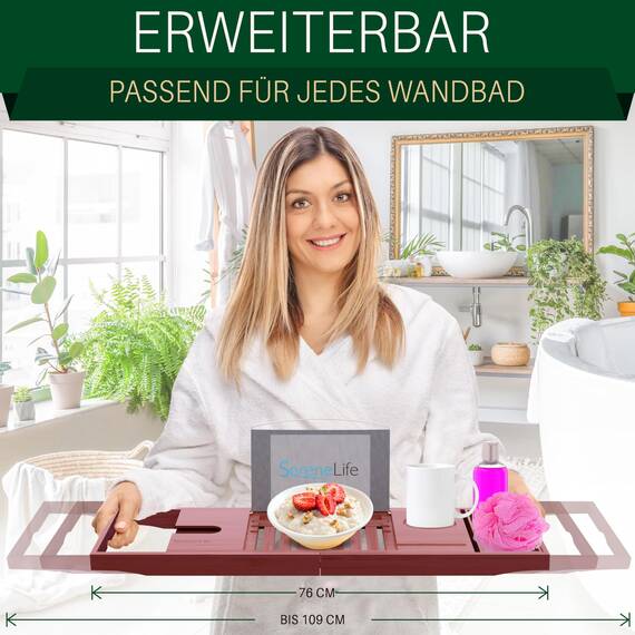 SereneLife Badewannenbrett Bambus – Ausziehbares Tablett mit Halterung Badewannenablage mit rutschfesten Silikon-Griffen Wellness Zubehör und Wellness Tablett für Bücher Wein Snacks