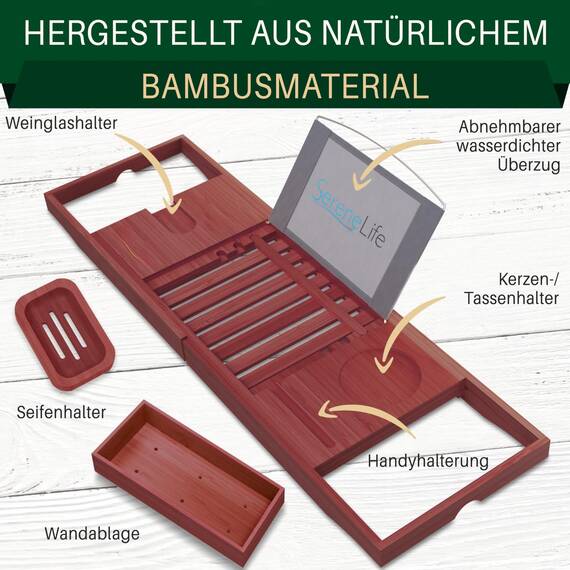 SereneLife Badewannenbrett Bambus – Ausziehbares Tablett mit Halterung Badewannenablage mit rutschfesten Silikon-Griffen Wellness Zubehör und Wellness Tablett für Bücher Wein Snacks