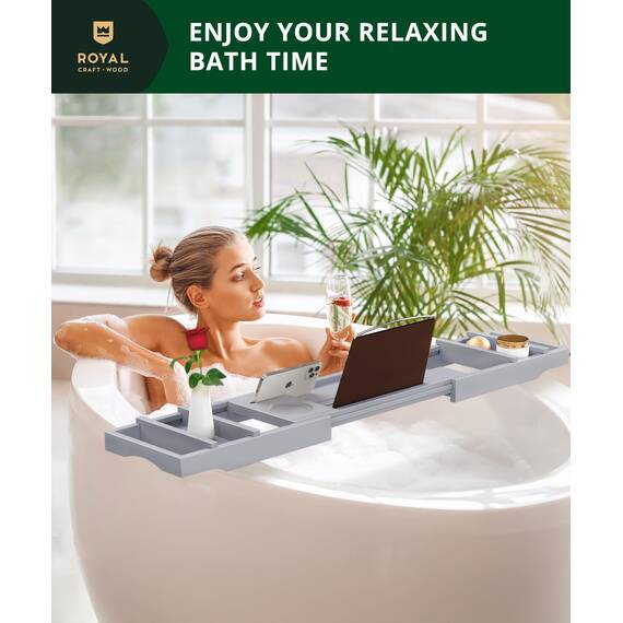 ROYAL CRAFT WOOD Luxuriöses Badewannen-Tablett, für 1 oder 2 Personen, Badewannen- und Betttablett, Badewannen-Tischablage mit ausziehbaren Seiten, verstellbares Organizer-Tablett für Badezimmer –