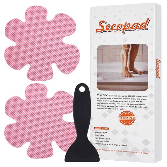 Secopad Anti-Rutsch Aufkleber 24 STK Sicherheitsstreifen für Badewanne, Klebende Sticker mit Premium Schaber für Badewanne, Dusche, Treppe (Rose)