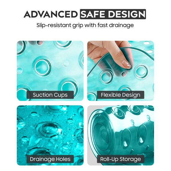 ADOV Badewannenmatte rutschfest, 100x40 cm Extra Lange Antirutschmatte für Badewanne und Dusche, 200 Starke Saugnäpfe, Schimmelresistent, Maschinenwaschbar, PVC-Material, Cyan