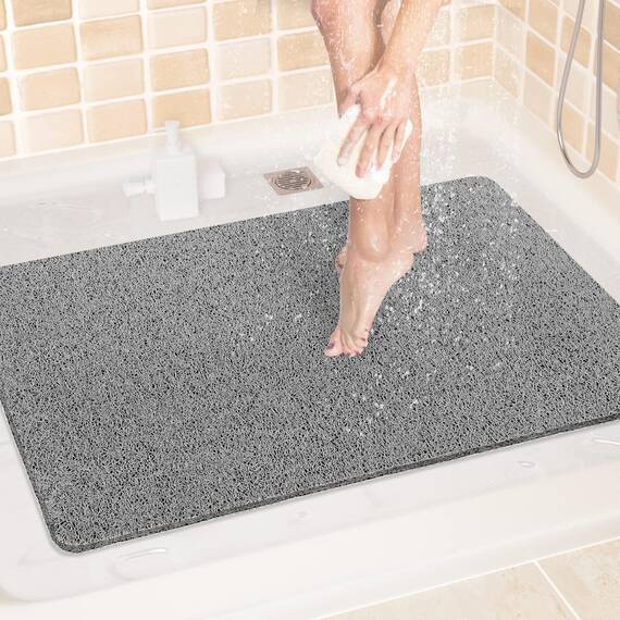 LuxStep Duschmatte, Badewannenmatte, 61 x 81,3 cm, rutschfeste Badematte mit Ablauf, schnell trocknende PVC-Luffa-Badematte für Badewanne, Dusche, Badezimmer (phthalatfrei, grau)
