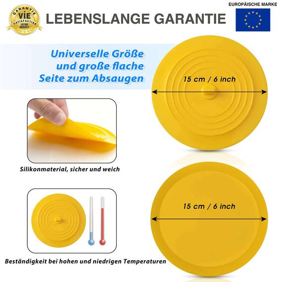 CZ Store Silikon-Abflussstopfen | 15 cm Flexibel & wasserdicht - Universal-Abdeckung für Edelstahl-Küchenspüle, Keramik-Badewanne, Toilette, Waschbecken, Dusche – Gelb