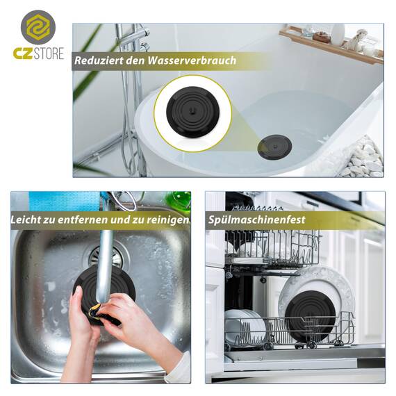 CZ Store Silikon-Abflussstopfen | 15 cm Flexibel & wasserdicht - Universal-Abdeckung für Edelstahl-Küchenspüle, Keramik-Badewanne, Toilette, Waschbecken, Dusche - Grau (Weiß/Grau/Schwarz)