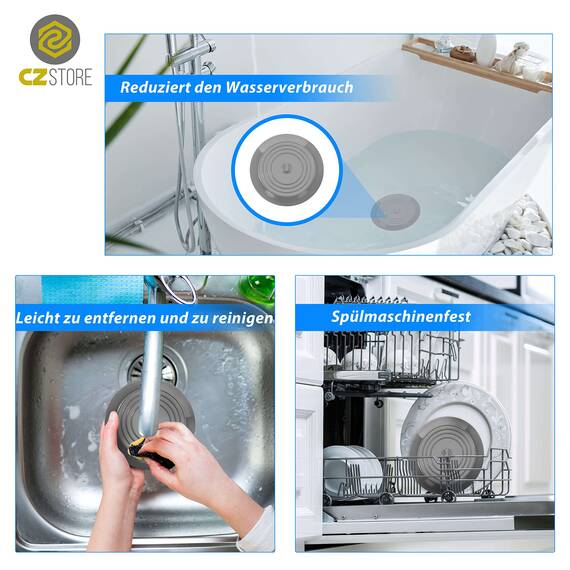 CZ Store Silikon-Abflussstopfen | 15 cm Flexibel & wasserdicht - Universal-Abdeckung für Edelstahl-Küchenspüle, Keramik-Badewanne, Toilette, Waschbecken, Dusche - Grau