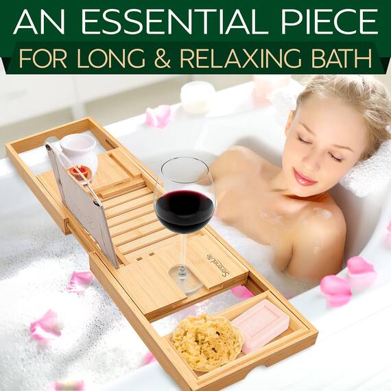 SereneLife Badewannenbrett Bambus Natur – Ausziehbares Tablett mit Halterung rutschfeste Badewannenablage Wellness Zubehör für Bücher Wein Snacks Bad Tablett aus Holz