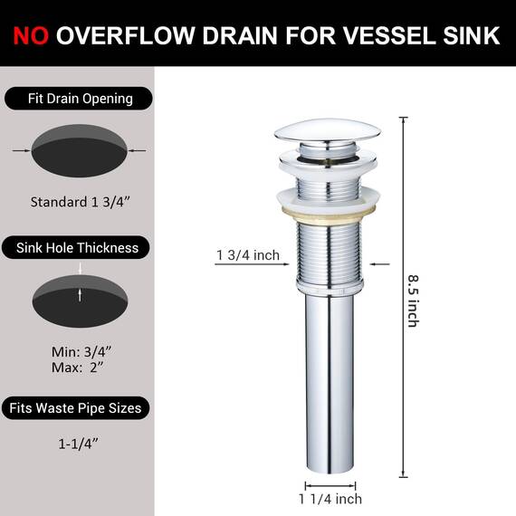Yodel Faucet Y1618W-CH Waschbeckenablauf ohne Überlauf für große 4,5 cm Ablauföffnung – Pop-Up-Ablauf, Chrom, Y1618W-CH