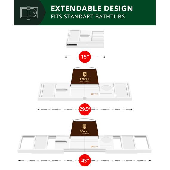 ROYAL CRAFT WOOD Luxuriöses Badewannen-Tablett, 1 oder 2 Personen Bade- und Betttablett, Caddy mit ausziehbaren Seiten, verstellbares Organizer-Tablett für Badezimmer – inklusive Seifenschale (weiß)
