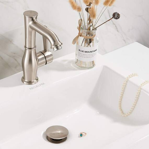 REGALMIX Ablaufstopfen für das Badezimmer, ohne Überlauf, Pop-Up-Ablaufgarnitur mit abnehmbarem Haarfänger für WC, Waschtisch, Waschbecken, gebürstetes Nickel, 2 Stück, RM082B-P2