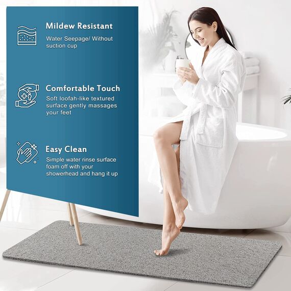 Extra Lange Duschmatten, rutschfest, 43 x 150 cm, Badematte für Dusche, Luffa-Matten für Dusche und Badezimmer, schnell trocknend, Grau
