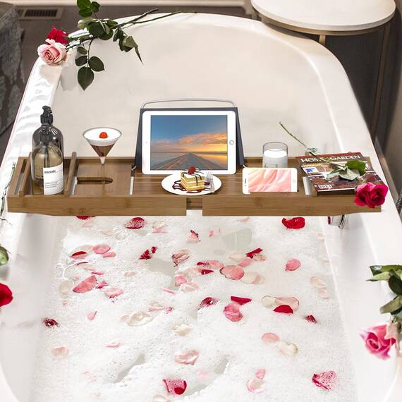 Domax Badewannenablage aus Bambus, erweiterbar, für Luxus-Badewanne, mit Buchhalter und Seifenschale