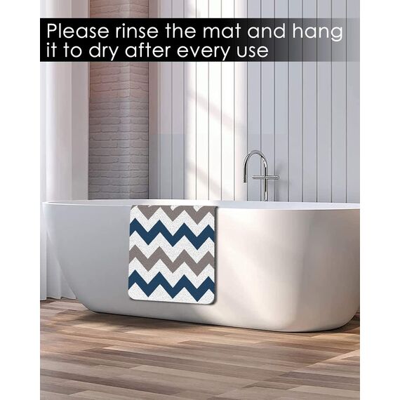 rutschfeste Badewannenmatte ohne Saugnäpfe, 39 x 91 cm, mit Ablauflöchern, PVC-Luffa-Massage-Badematte für Dusche, Badezimmer, Nassbereiche, schnell trocknend, blau geometrisch