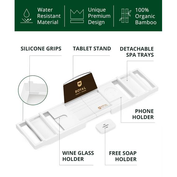 ROYAL CRAFT WOOD Luxuriöses Badewannen-Tablett, 1 oder 2 Personen Bade- und Betttablett, Caddy mit ausziehbaren Seiten, verstellbares Organizer-Tablett für Badezimmer – inklusive Seifenschale (weiß)