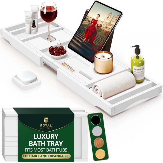 ROYAL CRAFT WOOD Luxuriöses Badewannen-Tablett, 1 oder 2 Personen Bade- und Betttablett, Caddy mit ausziehbaren Seiten, verstellbares Organizer-Tablett für Badezimmer – inklusive Seifenschale (weiß)