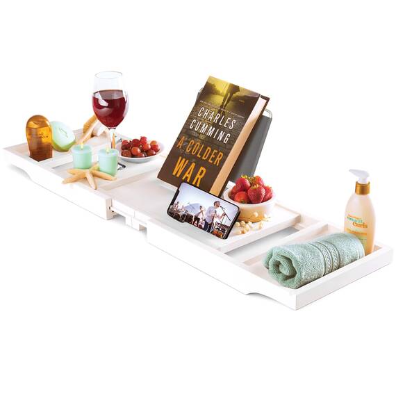 Bambüsi Badewannentablett, zusammenklappbarer und Verstellbarer Badewannen-Caddy – platzsparendes Badewannen-Tablett – Badewannenzubehör aus Holz – einzigartige Valentinstagsgeschenke für Damen oder
