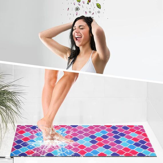rutschfeste Badewannenmatte, 39 x 91 cm, mit Ablauflöchern, PVC-Luffa-Massage-Badematte für Dusche, Badezimmer, Nassbereiche, schnell trocknend, bunt, geometrisch