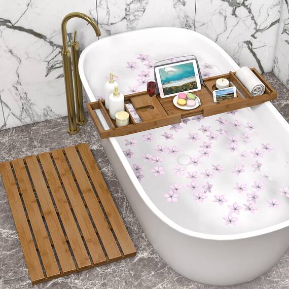 Domax Badewannenablage aus Bambus, erweiterbar, für Luxus-Badewanne, mit Buchhalter und Seifenschale