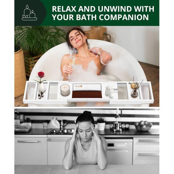 ROYAL CRAFT WOOD Luxuriöses Badewannen-Tablett, 1 oder 2 Personen Bade- und Betttablett, Caddy mit ausziehbaren Seiten, verstellbares Organizer-Tablett für Badezimmer – inklusive Seifenschale (weiß)