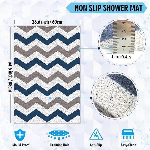godehone rutschfeste Duschmatten ohne Saugnäpfe, 50 x 87 cm, Badematte für strukturierte Wannenoberfläche, Luffa-Matten für Dusche und Badezimmer, schnell trocknend, blau geometrisch