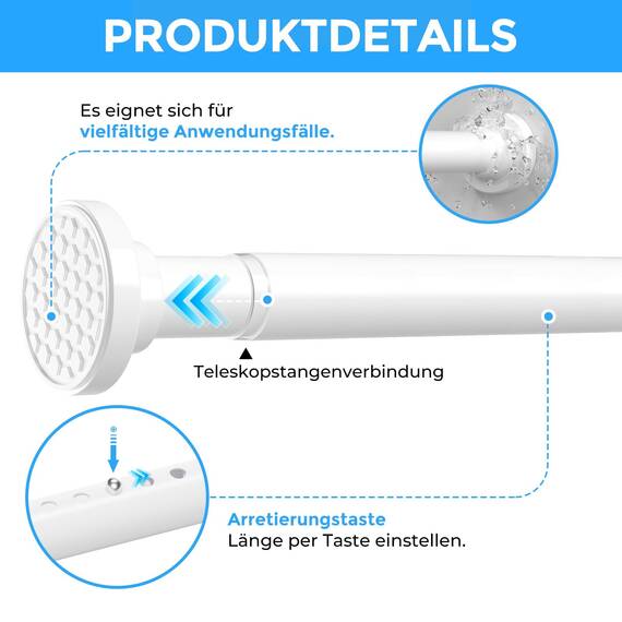 ZipGlo Gardinenstange ohne Bohren 101-288 CM Teleskopstange Vorhang Vorhangstange Ohne Bohren Extra Länge Duschstange ohne Kleiderstange Ausziehbar für Schlafzimmer Duschraum Große Fenster Weiß
