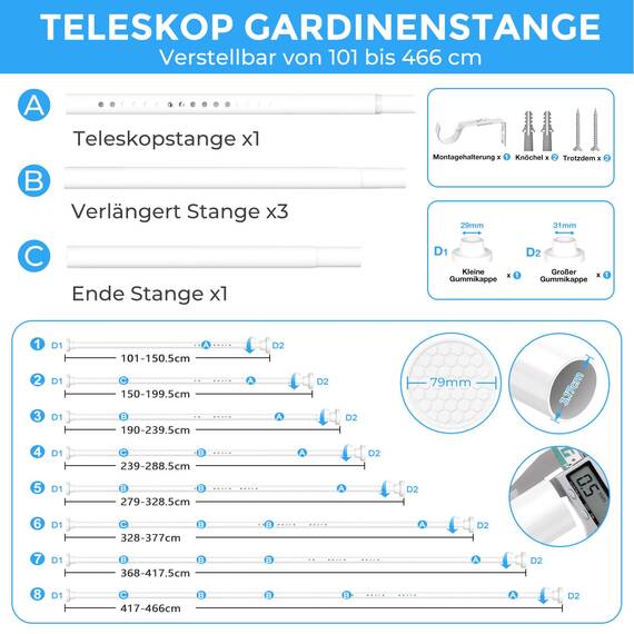 ZipGlo Gardinenstange ohne Bohren 101-466 CM Teleskopstange Vorhang Vorhangstange Ohne Bohren Extra Länge Duschstange ohne Kleiderstange Ausziehbar für Schlafzimmer Duschraum Große Fenster Weiß