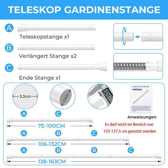 Zipglo 2 Stück Gardinenstange ohne Bohren75-163cm Duschvorhangstange Teleskopstange Vorhangstange Teleskopstange Spannstange Verstellbare für Badezimmer, Fenster, Küche, Schrank, Weiß