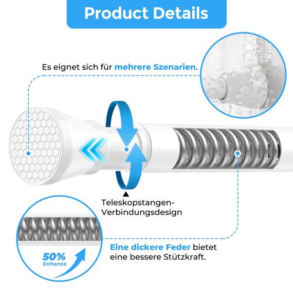 Zipglo 1 Stück Gardinenstange ohne Bohren 113-196cm Duschvorhangstange Teleskopstange Vorhangstange Teleskopstange Spannstange Verstellbare für Badezimmer, Fenster, Küche, Schrank, Weiß