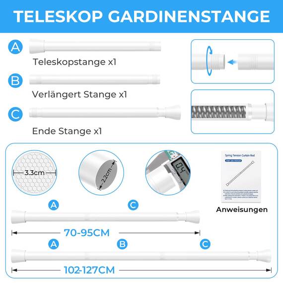 Zipglo 2 Stück Gardinenstange ohne Bohren 70-130cm Duschvorhangstange Teleskopstange Vorhangstange Kleiderstangen Spannstange Verstellbare für Badezimmer, Fenster, Küche, Schrank, Weiß