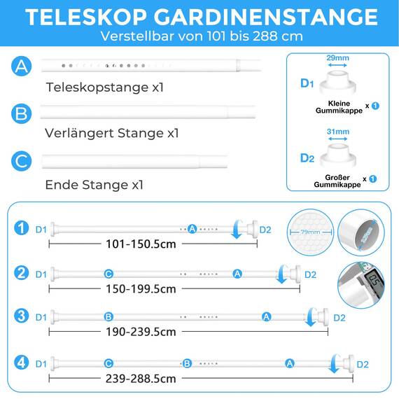 ZipGlo Gardinenstange ohne Bohren 101-288 CM Teleskopstange Vorhang Vorhangstange Ohne Bohren Extra Länge Duschstange ohne Kleiderstange Ausziehbar für Schlafzimmer Duschraum Große Fenster Weiß