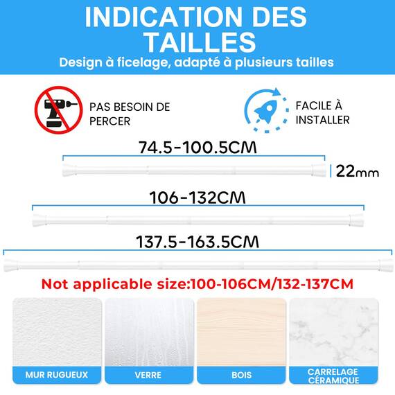 ZipGlo Duschvorhangstange 75-165cm Ausziehbar Duschvorhangstange für Badezimmer, Fenster, Kleiderschrank, ohne Bohren, Weiß 1 Stück Ø 22 mm
