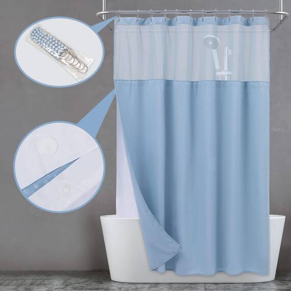 N&Y Home Set aus Waffelgewebe-Duschvorhang extralang mit einknöpfbarem Innenfutter und Haken, Hotel-Stil, Netzfenster Oben, maschinenwaschbar für einfache Pflege, 180,3 x 213,4 cm, Blau