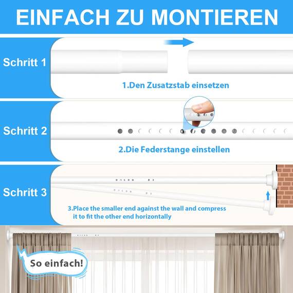 ZipGlo Gardinenstange ohne Bohren 101-377 CM Teleskopstange Vorhang Vorhangstange Ohne Bohren Extra Länge Duschstange ohne Kleiderstange Ausziehbar für Schlafzimmer Duschraum Große Fenster Weiß
