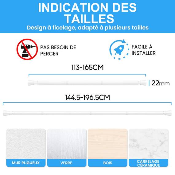 ZipGlo Duschvorhangstange 115-195cm ausziehbar für Badezimmer Fenster Kleiderschrank ohne Bohren Weiß 1 Stück Durchmesser 22mm