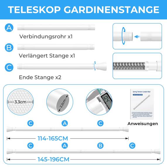 Zipglo 1 Stück Gardinenstange ohne Bohren 113-196cm Duschvorhangstange Teleskopstange Vorhangstange Teleskopstange Spannstange Verstellbare für Badezimmer, Fenster, Küche, Schrank, Weiß