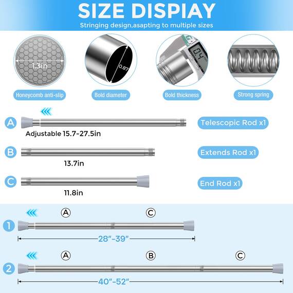 Zipglo 2 Stück Gardinenstange ohne Bohren 70-127cm Duschvorhangstange Teleskopstange Vorhangstange Kleiderstangen Spannstange Verstellbare für Badezimmer, Fenster, Küche, Schrank, Silber