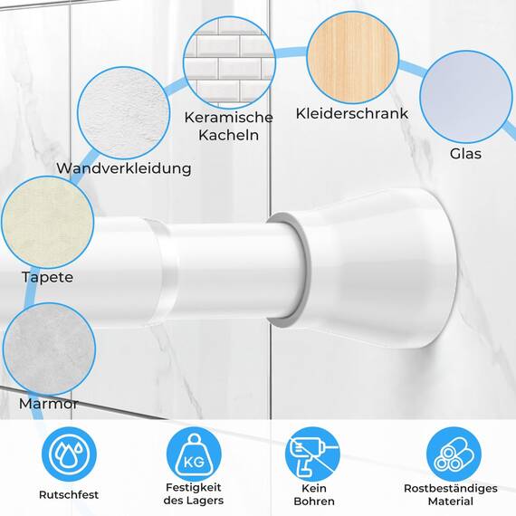 Zipglo 1 Stück Gardinenstange ohne Bohren 70-127cm Duschvorhangstange Teleskopstange Vorhangstange Kleiderstangen Spannstange Verstellbare für Badezimmer, Fenster, Küche, Schrank, Weiß