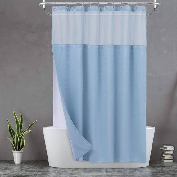 N&Y Home Set aus Waffelgewebe-Duschvorhang extralang mit einknöpfbarem Innenfutter und Haken, Hotel-Stil, Netzfenster Oben, maschinenwaschbar für einfache Pflege, 180,3 x 213,4 cm, Blau