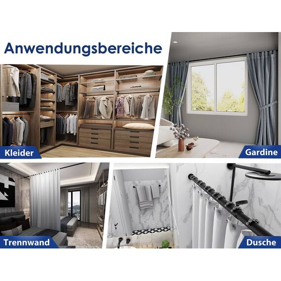 MEISENBERG Teleskopstange zum Klemmen 110-160cm, Matt Schwarz, Ø 32 mm, Multifunktionale Spannstange ohne Bohren - Vorhangstange Klemmstange für Gardinen, Bäder und Balkon