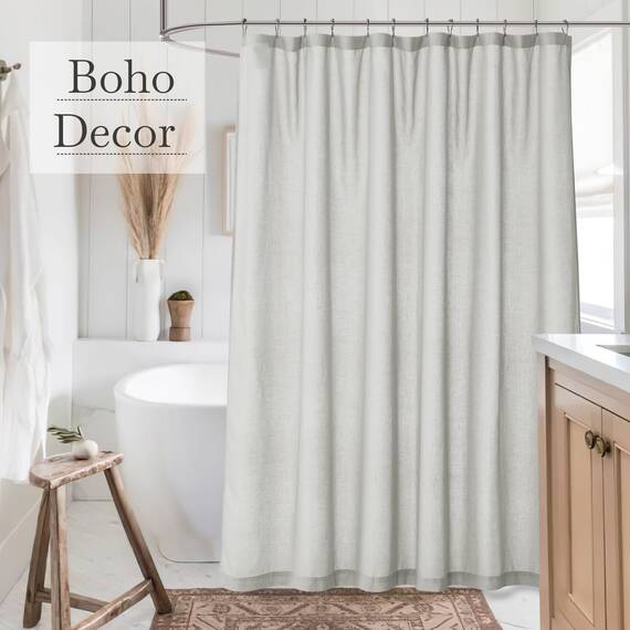 KGORGE Halbtransparenter Duschvorhang für Badezimmer, Leinen-Mischgewebe, leicht, wasserdicht, Privatsphäre, mit Knopfloch, Duschvorhänge für Badewanne, Grau, 183 x 213 cm lang, Haken im Lieferumfang