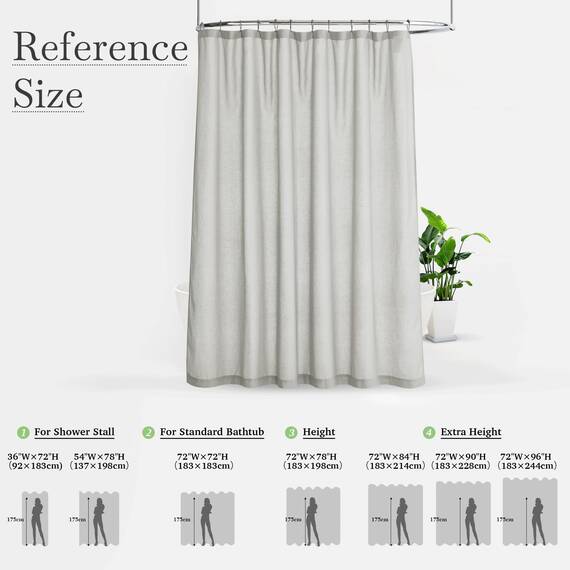 KGORGE Halbtransparenter Duschvorhang für Badezimmer, Leinen-Mischgewebe, leicht, wasserdicht, Privatsphäre, mit Knopfloch, Duschvorhänge für Badewanne, Grau, 183 x 213 cm lang, Haken im Lieferumfang