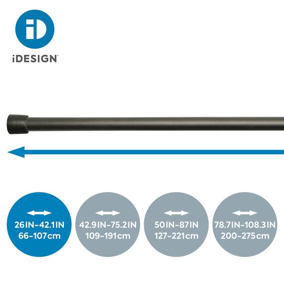 iDesign Duschvorhangstange, kurze Teleskopstange aus Metall, ausziehbare Duschvorhangstange ohne Bohren für Dusche und Badewanne, mattschwarz