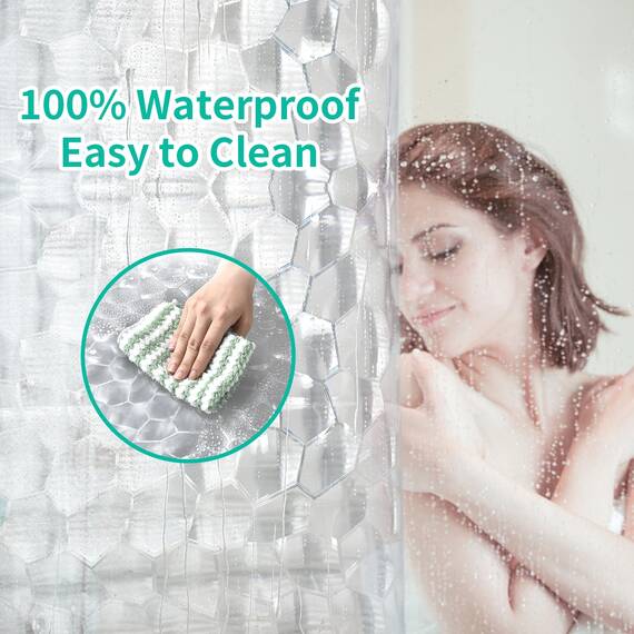 OTraki Duschvorhang Transparent 180 x 180 cm, Eva Anti Schimmel Duschrollo für Badewanne mit Kunststoffhaken und Bleiblocks, Duschvorhang Gewichte mit 3D Halbtransparent Effekt für Badewanne