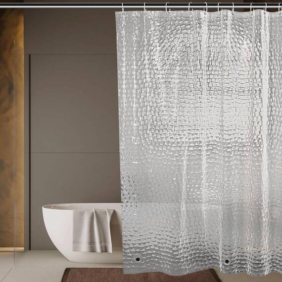 OTraki Duschvorhang Transparent 180 x 180 cm, Eva Anti Schimmel Duschrollo für Badewanne mit Kunststoffhaken und Bleiblocks, Duschvorhang Gewichte mit 3D Halbtransparent Effekt für Badewanne