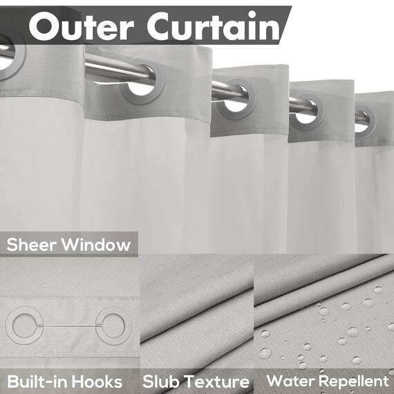 River Dream Extra langer Duschvorhang ohne Haken, strukturiert, einrastbare PEVA-Auskleidung, 180 x 196 cm (244 cm), Flammengarn, Hotelstil, wasserdichtes Futter, durchsichtiges Fenster oben, Grau