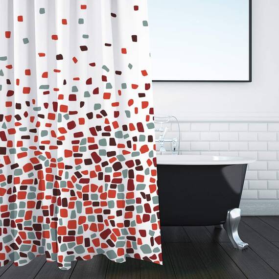 ANSIO Duschvorhang - 180 x 180 cm (71 x 71 Zoll) - Mosaik Gemuster - Rot, Badewanne Vorhang, Antischimmel & Waschbar Shower Curtain mit 12 Duschvorhängeringen | 100% Polyester